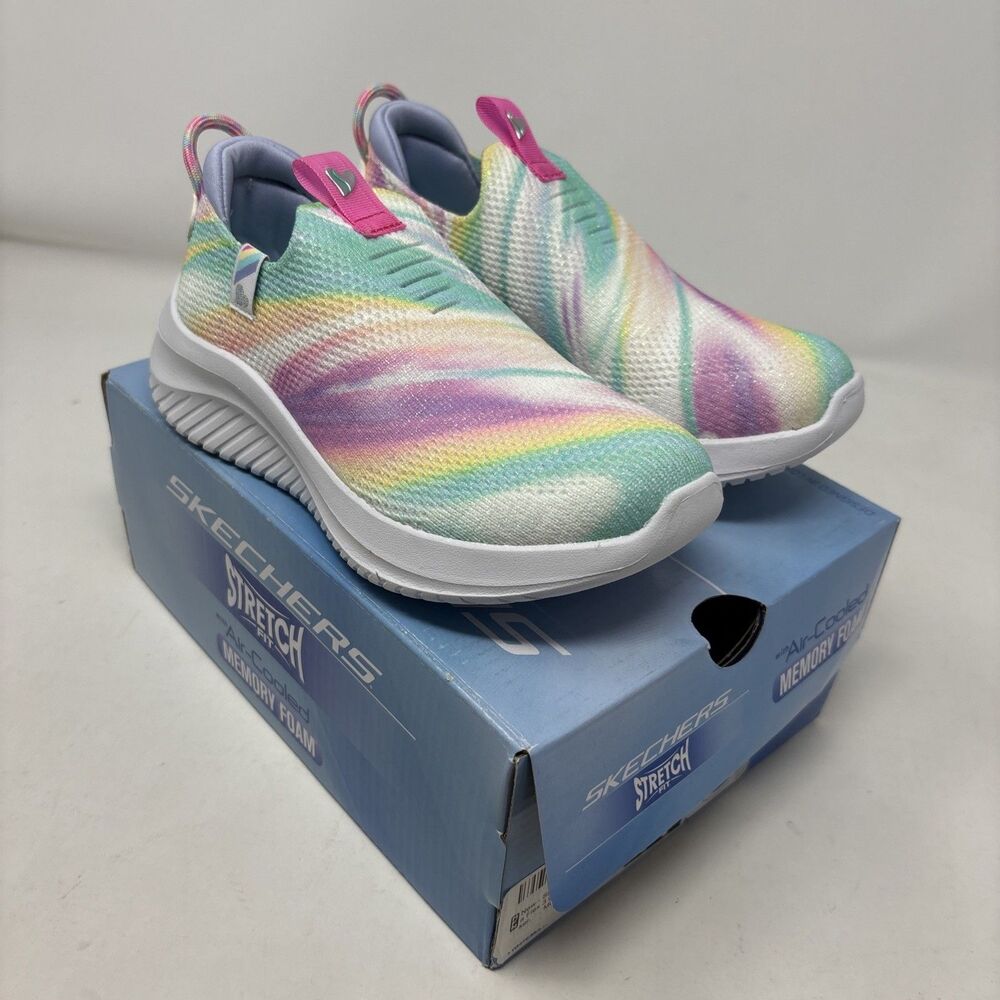 ⁠Skechers Ultra Flex 3.0 Color Me Sleek Girls Size 11 Little Kid Rainbow White⁠